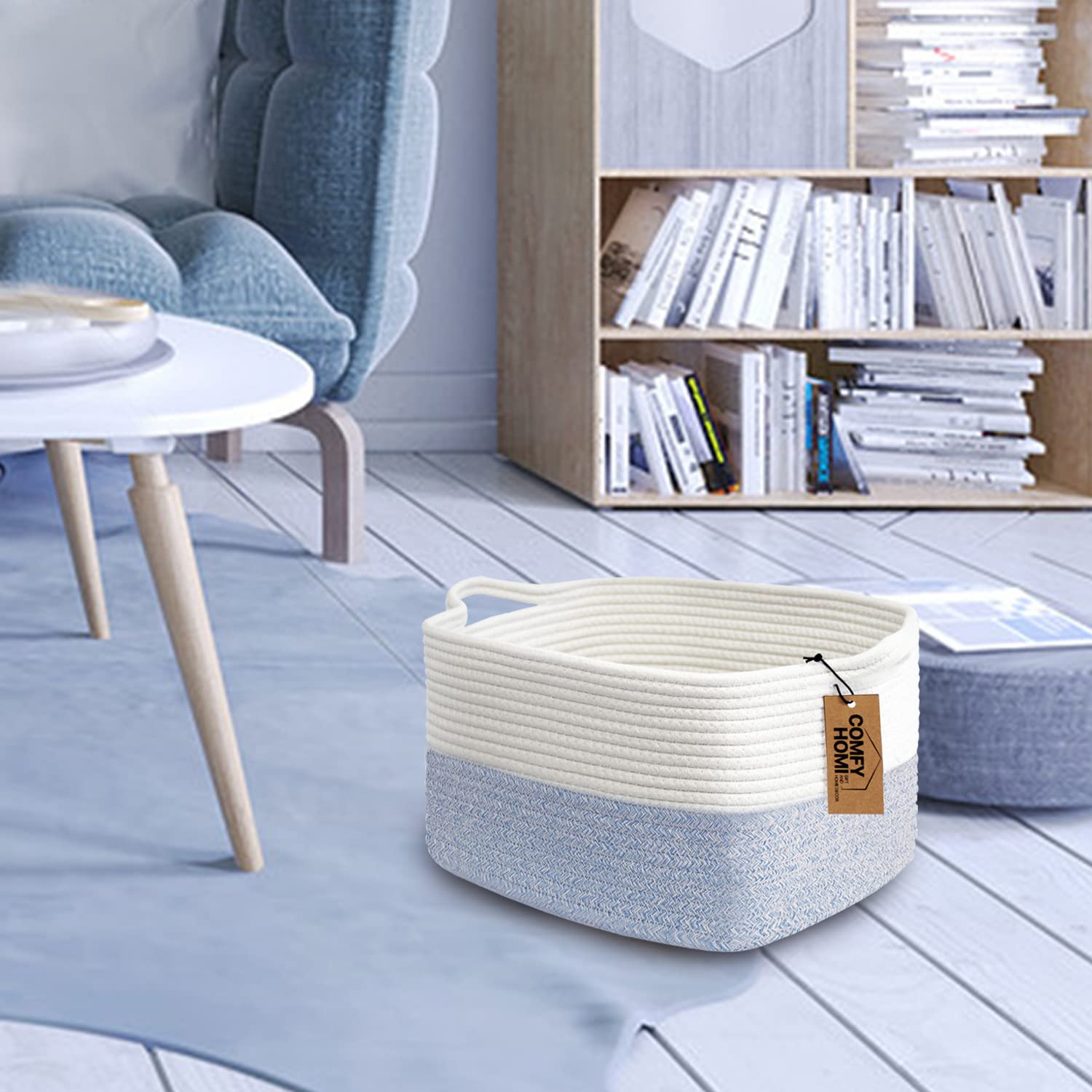Comfy-Homi Cotton Rope Woven Basket With Handles For Shelf,Toy, Book, Cloth Storage Basket For Organizing-13.5'X11'X9.5' Storage Bin For Living Room, Newborn Or Infant Gift For Boy Girl (White/Blue)